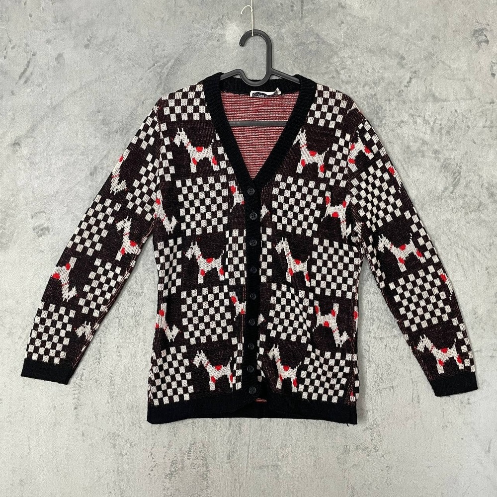 Vintage Scottie Dog Cardigan Novelty Knit Checkerboard Sweater USA Made Size 12